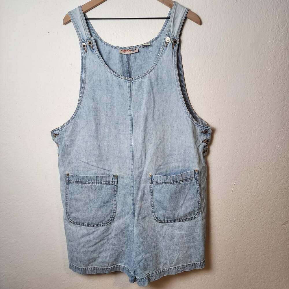 Vintage London Jeans Romper Womens XL Blue Denim Overall Shorts Pockets